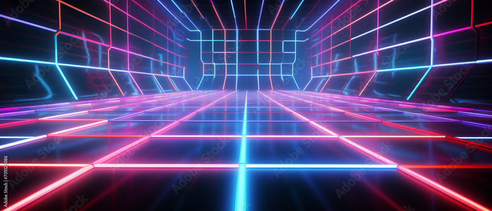 80s-inspired neon grid landscape with vibrant purple and blue lights, evoking nostalgic retro-futuristic aesthetics.