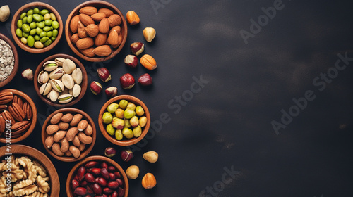 Assortment of nuts on a black slate or stone background - healthy snack.Top view with copy space photo