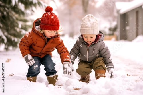LITTLE CHILDREN PLAYING OUTSIDE IN THE SNOW.