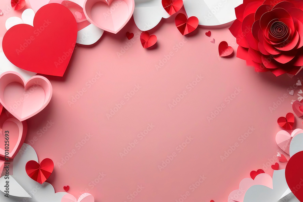 Valentines day greeting card with paper heart and flowers.