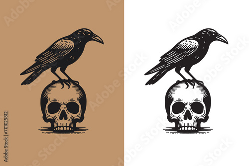 Crow on a skull. Beautiful vintage engraving vector illustration, icon, logo