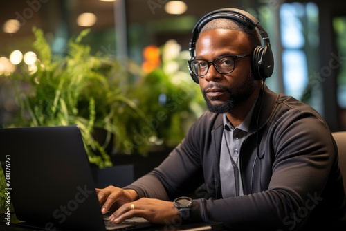African American Call Center man Agent Working Comfortably at Home or Cafe