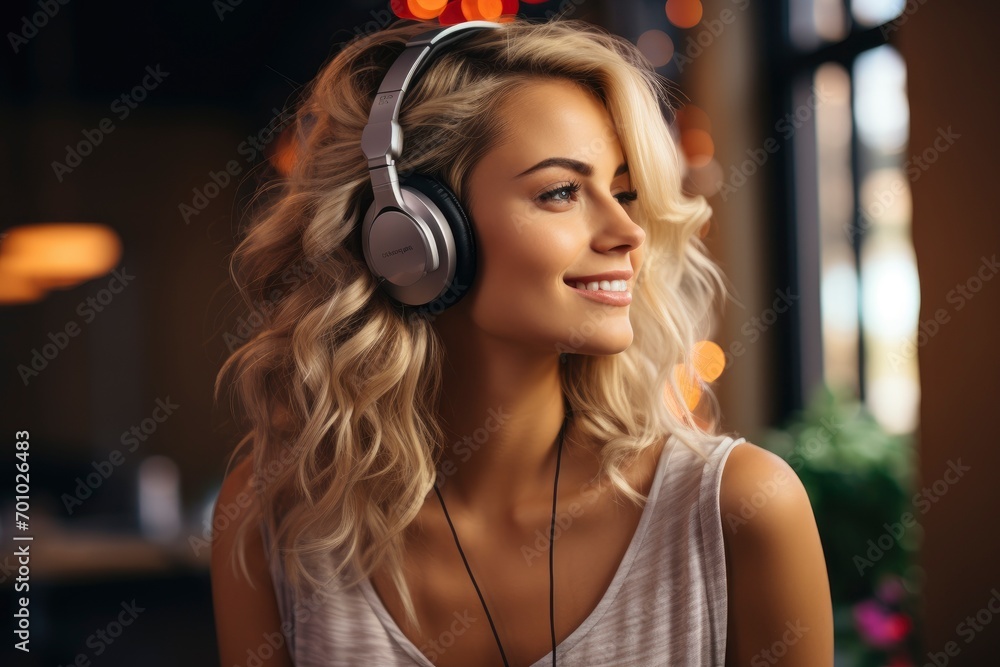 Blonde Woman Working as Call Center Agent at Home or in a Cafe Blonde Woman Working as Call Center Agent at Home or in a Cafe