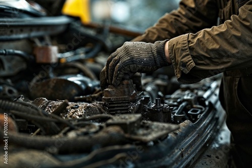 Close-up of mechanic hands repairing car engine in auto repair shop. photo