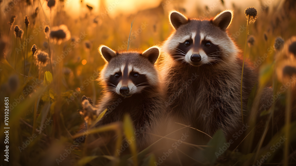 Two raccoons in a field at sunset. Neural network AI generated art Two raccoons in a field at sunset. Neural network AI generated art