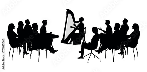 Young woman playing the harp in front of audience group people vector silhouettes.