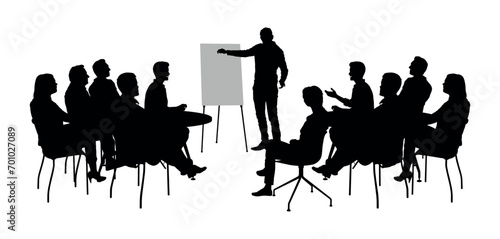Business meeting and presentation in office vector silhouette. Brainstorming session black silhouettes.