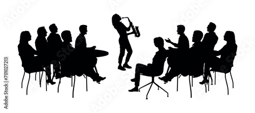 Girl playing saxophone in front of audience vector black silhouettes.