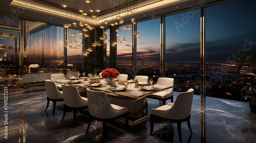 Luxurious dining space adorned with marble flooring  gold accents  and a panoramic view of city lights
