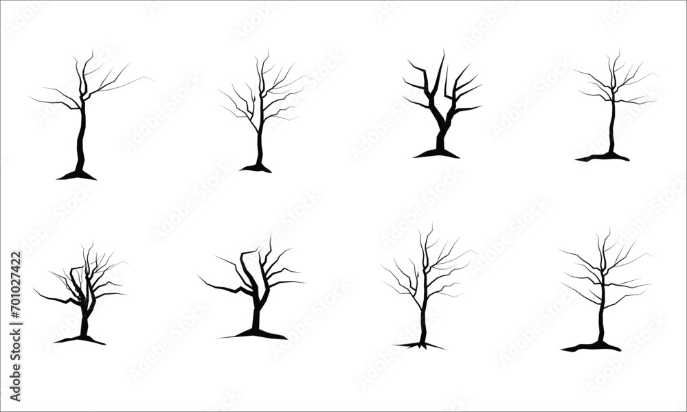 Large leafless hardwood trees are seen silhouetted on a white background in a isolated transparent illustration. - obrazy, fototapety, plakaty 