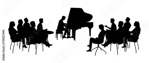 Man playing piano in front of audience at concert vector silhouettes.
