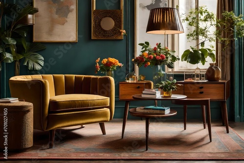 Nostalgic retro interior design for a living room, with a particular focus on a stylish vintage chair and table.