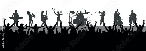 Band musicians performing on stage in front of people crowd audience vector silhouettes.