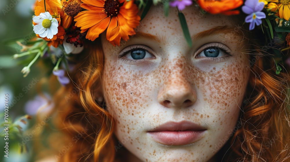 A Girl with Freckles and some spring Flowers on Her Head