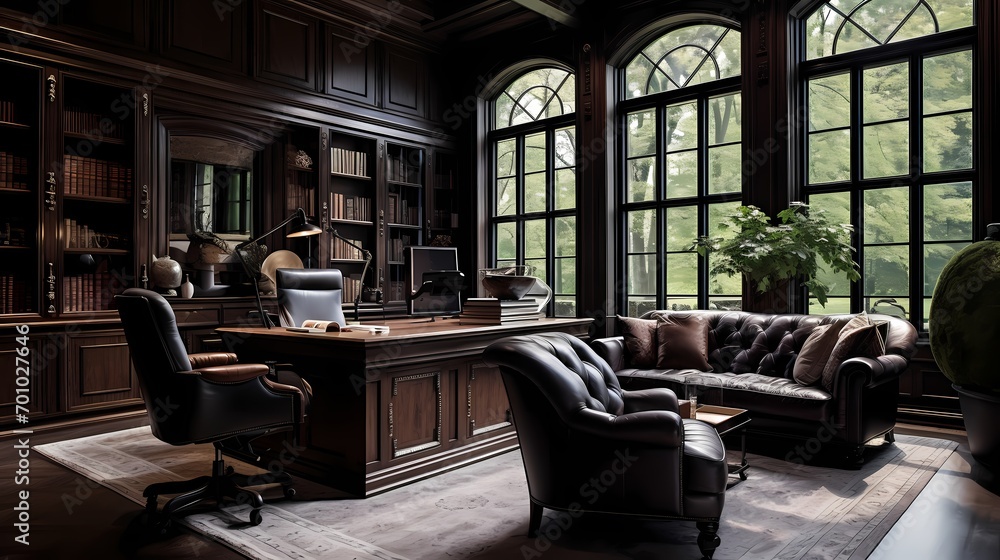 Luxurious home office with dark wood paneling, leather furniture, and a vintage-inspired desk