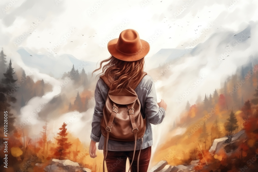 Girl tourist stands with her back against backdrop of mountains and autumn forest
