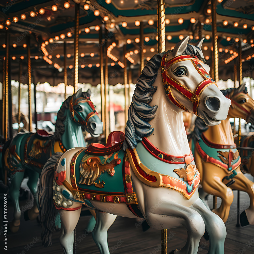 Vintage carousel with colorful lights and horses.