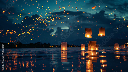 Embark on a magical night journey as Asian people release a hot-air balloon,  traditional paper lantern, illuminating the dark sky with a touch of enchantment. Generative AI. photo