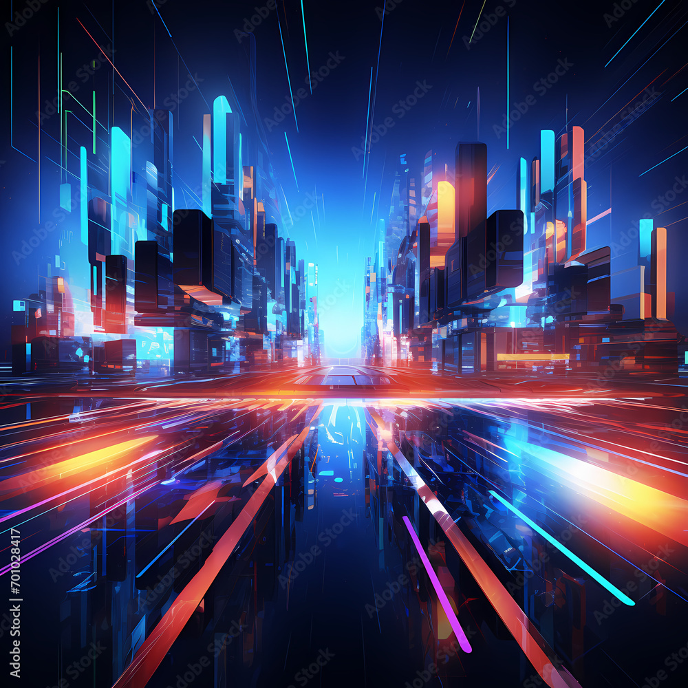 Abstract digital art with neon lights and futuristic elements.