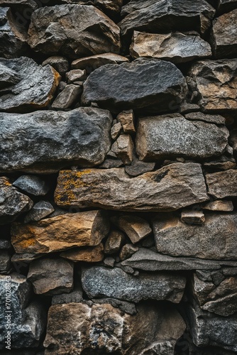 An old block wall with grungy texture, ancient wall made of dity broken stones and rocks, brick wall damaged and destroyed in dark brown and bloack color, AI generated photo