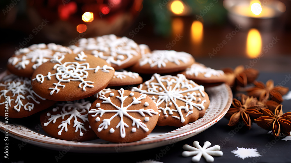 Christmas Delights: A Plateful of Gingerbread Joy - decorated with sugar icing pattern Christmas Delights: A Plateful of Gingerbread Joy - decorated with sugar icing pattern