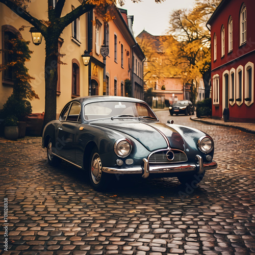 A vintage car parked on a cobblestone street. © Cao