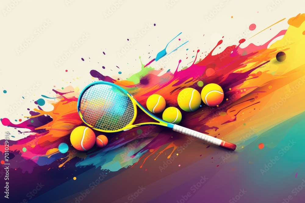 Tennis racket and balls on abstract colorful paint splashes background for Tennis Day  - obrazy, fototapety, plakaty 