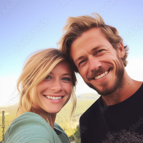 Attractive young couple taking an outdoor selfie during the daytime