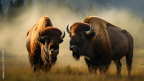 buffalo in the field: two buffalos facing each other in wildlife photo