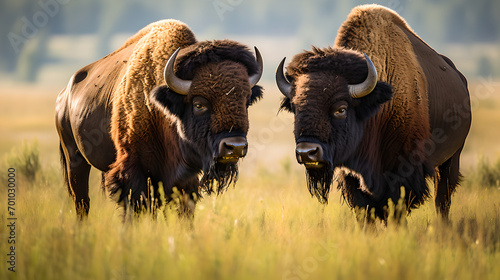 buffalo in the field: two buffalos facing each other in wildlife