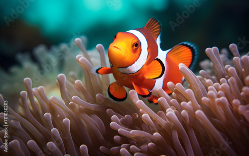 Lovely clownfish swimming in the open ocean close to corals