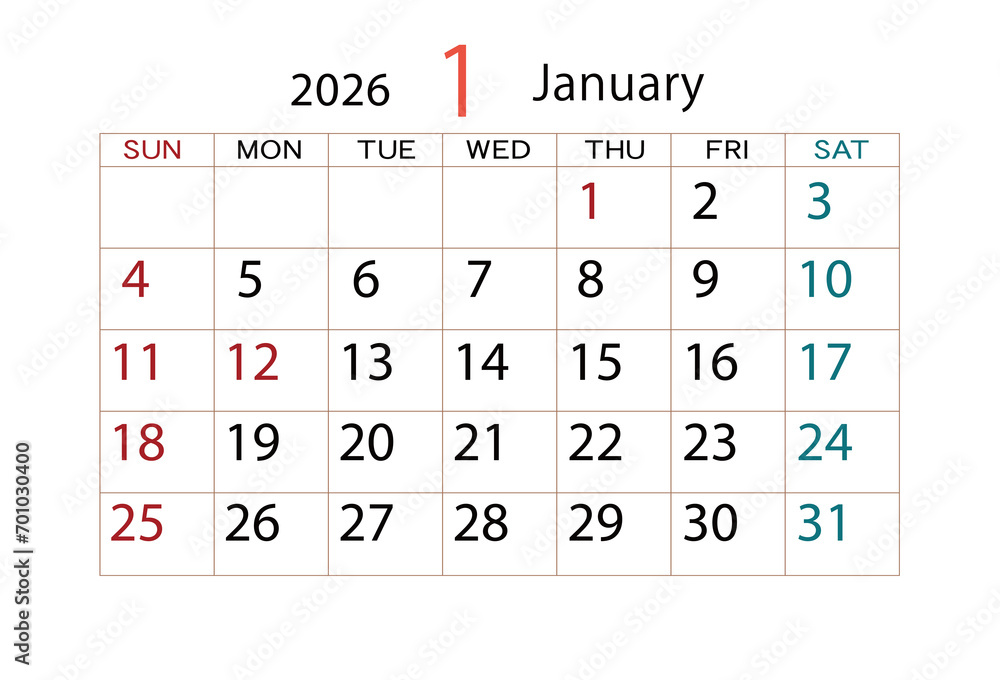 2026年カレンダー1月 2026年カレンダー1月