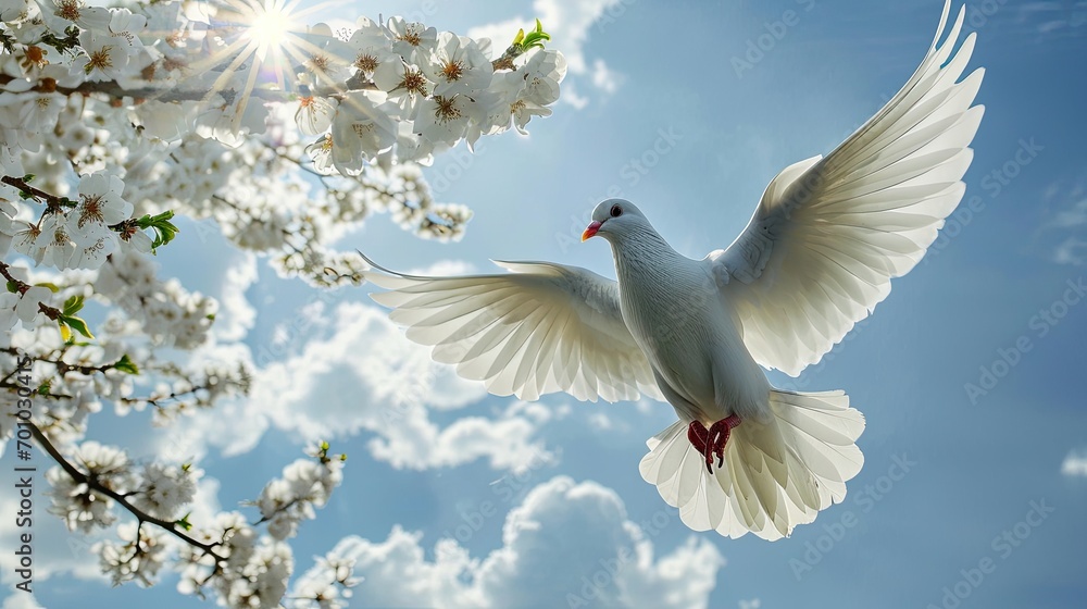 Obraz premium A flying white pigeon against a blue sky background. The sun shines through the branches of an apple tree in bloom. A symbol of peace. Copy space.