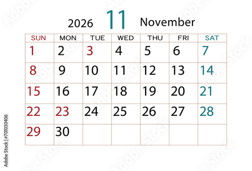 2026年カレンダー11月