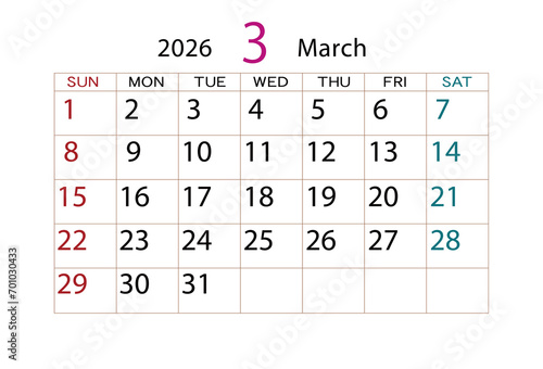 2026年カレンダー3月