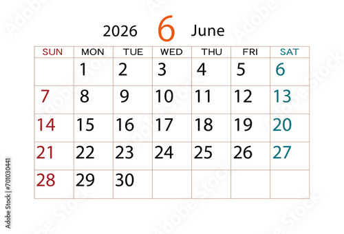 2026年カレンダー6月
