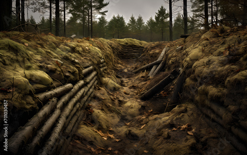 Horror of war - left military trench in a forest close to a war zone photo