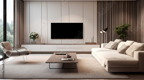 Italian Minimalist Living Room: Elegant Design with TV, Coffee Table, Sofa, Simple Lines, and Sheer Curtains