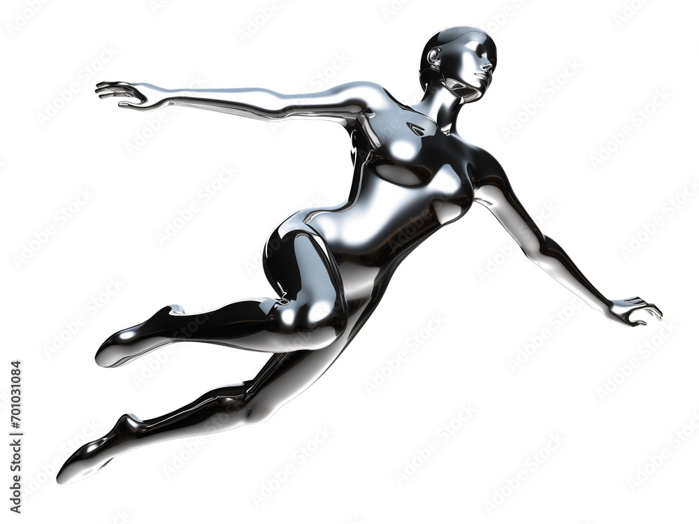 Y2K futuristic chrome woman flying isolated. Melty gloss silver metal mannequin Y2K futuristic chrome woman flying isolated. Melty gloss silver metal mannequin