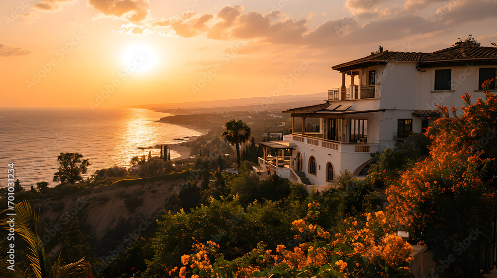 Fototapeta premium A luxurious villa in Cyprus, with the Mediterranean Sea as the background, during a golden sunset