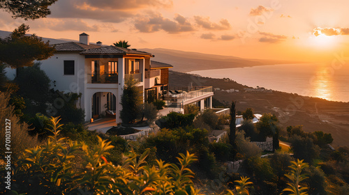 A luxurious villa in Cyprus, with the Mediterranean Sea as the background, during a golden sunset © VirtualCreatures
