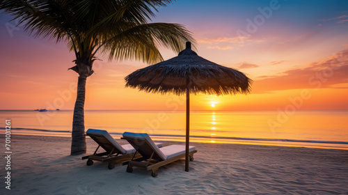 Summer beach landscape. Luxury vacation and holiday concept, summer travel banner. Panoramic landscape of sunset beach, two loungers umbrella, palm leaf, colorful sunset sky for paradise island view. © PaulShlykov