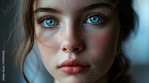 Close-up portrait of a beautiful young girl with blue eyes.