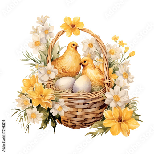 easter multicolored eggs with flowers in a basket watercolor on white background