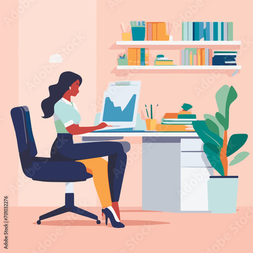 The girl is sitting in a chair with a tablet. Freelancer, Remote work. Home office. Vector illustration.