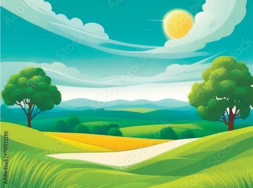 Summer field landscape. Nature hills fields blue sky clouds sun countryside. Green tree and grass rural land. Cartoon vector