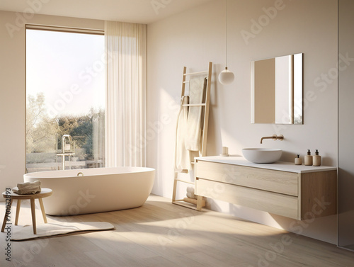Scandinavian-inspired bathroom  minimalist design  clean lines  light woods  neutral palette  elegant simplicity  functional lighting.