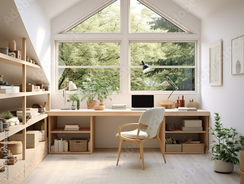 Modern Scandinavian-inspired home office featuring minimalist design and clean lines for serene productivity space.