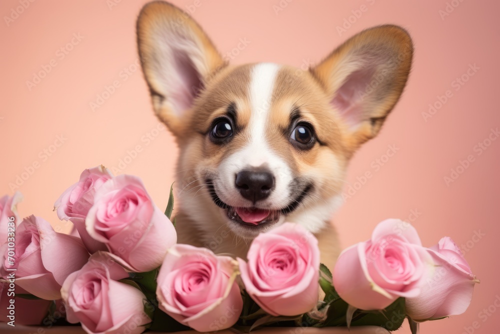 Cute dog with rose flower on valentines day on background