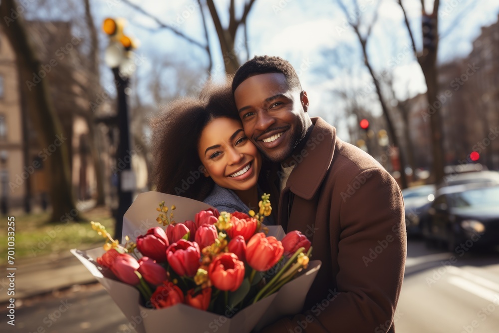 Obraz premium Lovely couple with flowers kissing and hugging on city street